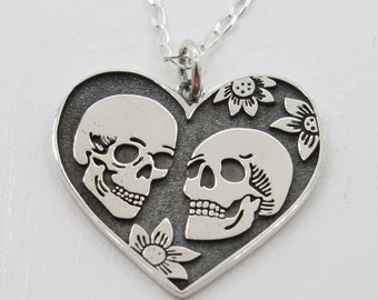 The Lovers Heart Pendant - Halloween Skeleton Necklace - 925 Sterling Silver - Biker Chic Goth Gothic Halloween Spooky Creepy Scary