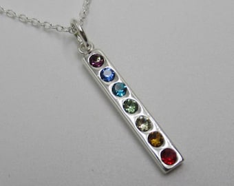 Chakra Bar Pendant - 925 Sterling Silver & 7 Swarovski Crystals - Yoga Necklace - Spiritual Energy Jewlery - Simple Minimalist