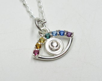 Evil Eye Pendant with Multicolor Crystals - Blue Eye - Modern Amulet Protection Necklace - 925 Sterling Silver - Gift for Woman Girlfriend