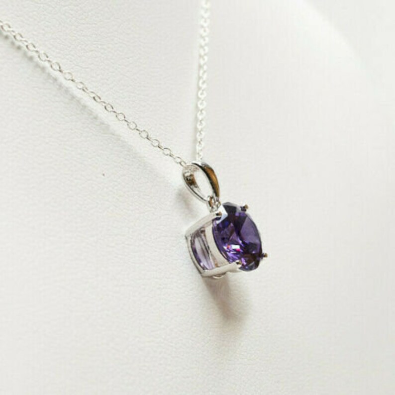 Purple Amethyst Solitaire Necklace Round 4ct CZ Pendant Large Stone 925 Sterling Silver February Birthstone Birthday Gift image 2
