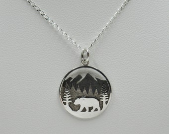 Bear in the Mountains & Forest Pendant - 925 Sterling Silver - Landscape Necklace Hiking Camping Smoky Mountains Outdoors - Mama Bear Gift