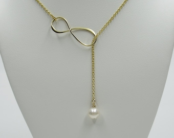 Gold Infinity Lariat Necklace White Freshwater Pearl Adjustable Pendant - 14K Gold Plated Pendant - Gift for Wife Bride - Minimalist Dainty