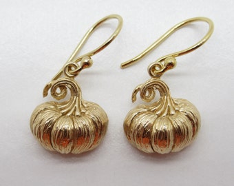 Gold Pumpkin Earrings - Traditional Halloween Hooks - 3D Jack O'Lantern Trick or Treat Simple - Bronze Metal