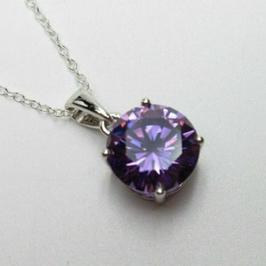 Purple Amethyst Solitaire Necklace Round 4ct CZ Pendant Large Stone 925 Sterling Silver February Birthstone Birthday Gift image 1