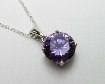 Purple Amethyst Solitaire Necklace - Round 4ct CZ Pendant Large Stone - 925 Sterling Silver - February Birthstone Birthday Gift