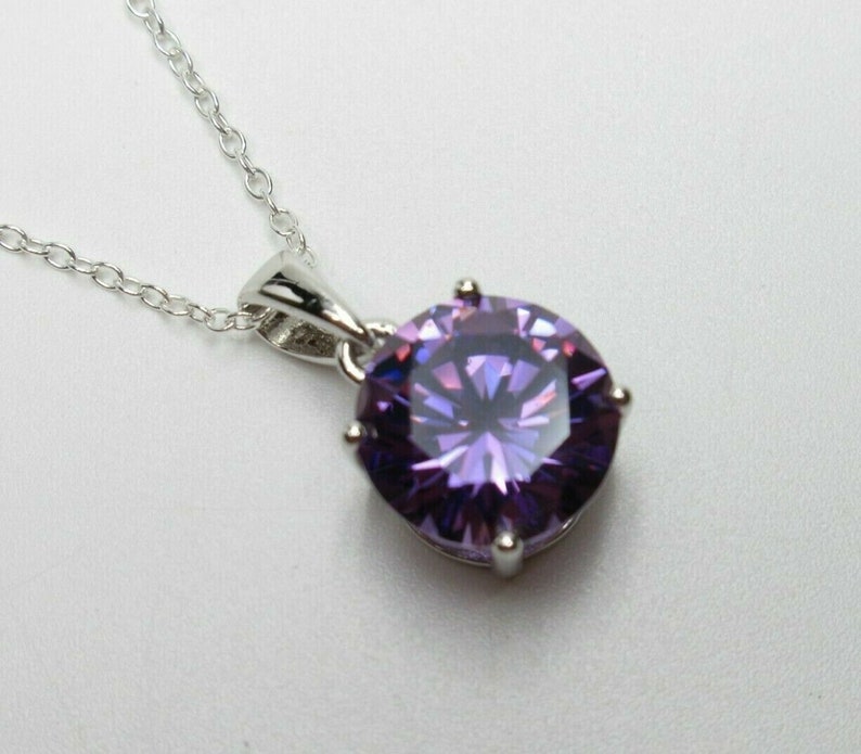 Purple Amethyst Solitaire Necklace Round 4ct CZ Pendant Large Stone 925 Sterling Silver February Birthstone Birthday Gift image 1