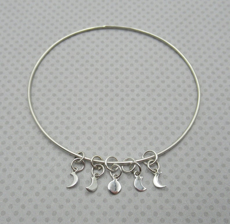 Moon Phases Bangle Bracelet Celestial Charm Bracelet Crescent Whole Half Moons Lunar Minimalist Stacking Bracelet Sterling Silver