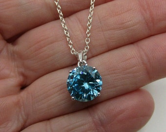 Blue Aquamarine Solitaire Necklace - Round 4ct CZ Pendant Large Stone & Basket Prong Setting - 925 Sterling Silver - March Birthstone