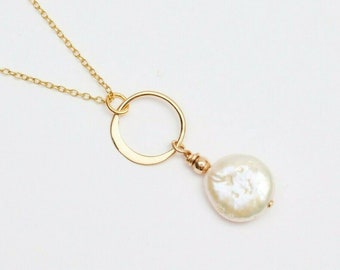 Cultured White Coin Pearl Circle Pendant Necklace - 14K Gold Plated Sterling Silver - Anniversary Gift for Wife Bride Girlfriend Bridesmaid