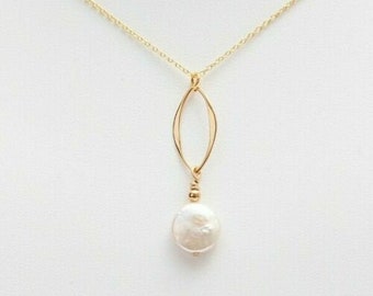 Cultured White Coin Pearl Marquise Pendant Necklace - 14K Gold Plated Sterling - Anniversary Gift for Wife Bride Girlfriend Bridesmaid