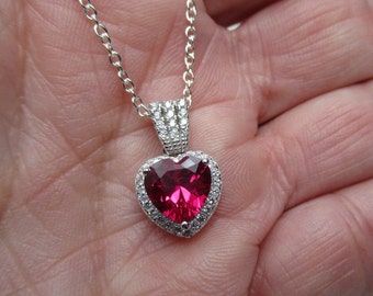 Red Garnet CZ Heart Pendant - 925 Sterling Silver - 1.7ct & 35 Clear CZ - January Birthstone Necklace - Valentine's Day Gift - Birthday Gift