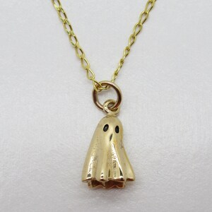 3D Ghost Pendant Halloween Necklace Gold Color Bronze Metal 14K Gold Plated Chain Trick or Treat Small Spooky Sheet Gift for Girl Woman image 1