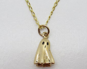 3D Ghost Pendant Halloween Necklace Gold Color Bronze Metal 14K Gold Plated Chain - Trick or Treat Small Spooky Sheet - Gift for Girl Woman