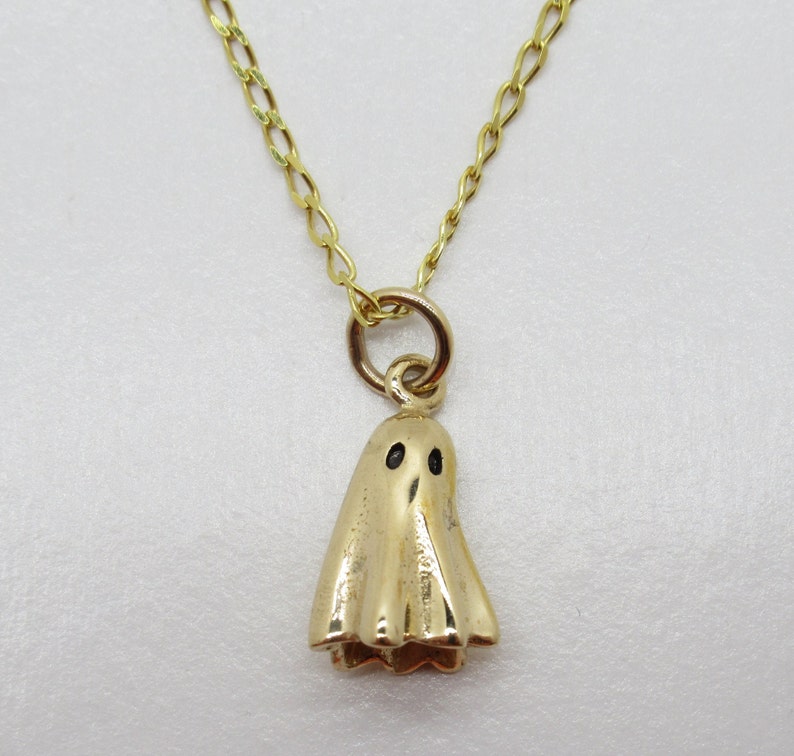 3D Ghost Pendant Halloween Necklace Gold Color Bronze Metal 14K Gold Plated Chain Trick or Treat Small Spooky Sheet Gift for Girl Woman image 1