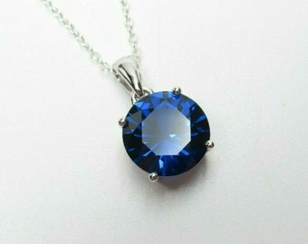 Blue Sapphire Solitaire Necklace - Round 4ct CZ Pendant Large Stone - 925 Sterling Silver - September Birthstone Birthday Gift