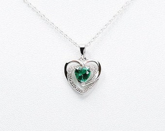 Emerald Green CZ Cutout Heart Pendant - 925 Sterling Silver - May Birthstone Necklace - Emerald & Clear CZs - Birthday Anniversary Gift