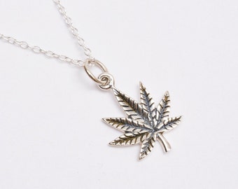 Marijuana Leaf Pendant Necklace - Small Weed Pot Leaf - 925 Sterling Silver - Minimalist Plain Necklace - Your Choice Length