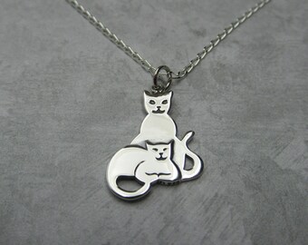 Collier maman et bébé chats - Argent sterling 925 - Pendentif Family Mama Mother Mommy and Me Kitty Kitten - Cadeau pour la fête des mères, cadeau baby shower