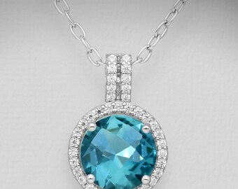 Aqua Blue CZ Halo Pendant - 925 Sterling Silver & Simulated Diamond CZ's - March Birthstone Birthday Gift for Woman Wife Girlfriend Her