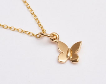 Tiny Gold Butterfly Pendant - 14K Gold Plated Sterling Silver - Dainty Girls Necklace Simple Minimalist - Small Flying Bug Insect with Wings