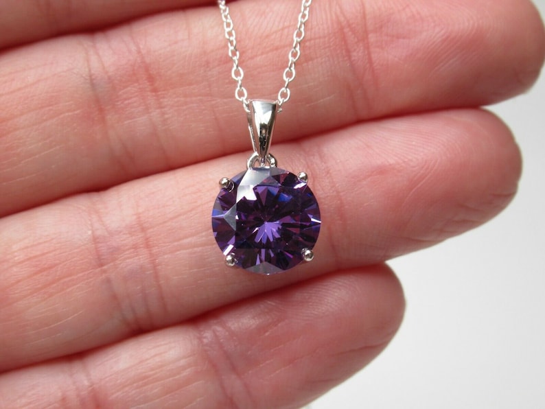 Purple Amethyst Solitaire Necklace Round 4ct CZ Pendant Large Stone 925 Sterling Silver February Birthstone Birthday Gift image 5