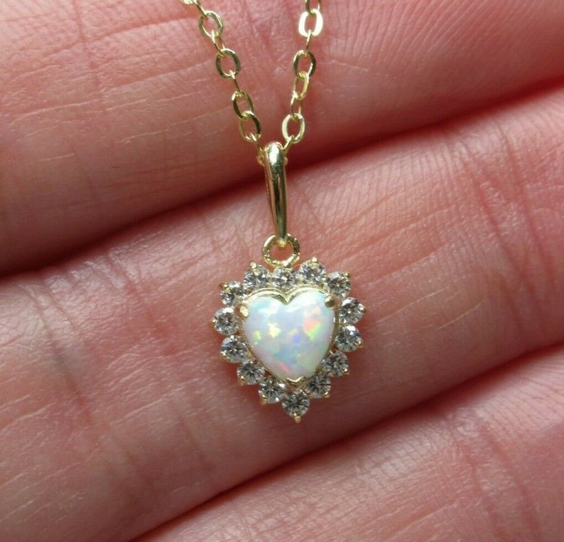 Wedding Bridal Anniversary Gift October Birthstone Birthday Gift Solid 14K Gold Dainty White Opal Heart Halo CZ Pendant Gemstone Necklace