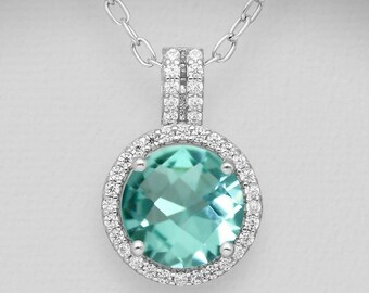 Green CZ Halo Pendant - 925 Sterling Silver & Simulated Diamond CZ's - Anniversary Birthday Gift for Woman Wife Girlfriend Bridesmaids Her