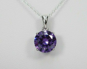 Lila Amethyst-Solitär-Halskette – runder 4-Karat-CZ-Anhänger mit großem Stein – 925er Sterlingsilber – Geburtstagsgeschenk mit Geburtsstein Februar