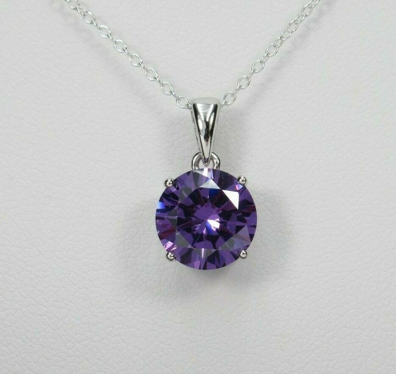 Purple Amethyst Solitaire Necklace Round 4ct CZ Pendant Large Stone 925 Sterling Silver February Birthstone Birthday Gift image 4