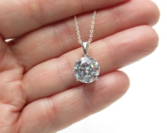 Diamond CZ Solitaire Necklace - Round 4ct CZ Pendant Large Stone - 925 Sterling Silver - April Birthstone Birthday Gift Anniversary Gift