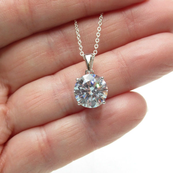 Diamond CZ Solitaire Necklace - Round 4ct CZ Pendant Large Stone - 925 Sterling Silver - April Birthstone Birthday Gift Anniversary Gift