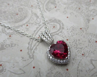 Red Garnet CZ Heart Pendant - 925 Sterling Silver - 1.7ct & 35 Clear CZ - January Birthstone Necklace - Valentine's Day Gift - Birthday Gift