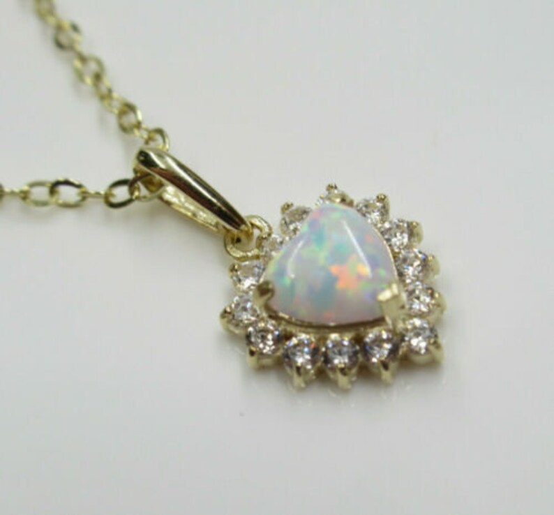 Wedding Bridal Anniversary Gift October Birthstone Birthday Gift Solid 14K Gold Dainty White Opal Heart Halo CZ Pendant Gemstone Necklace