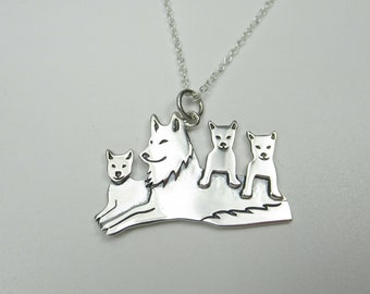 Mother Wolf & Three Baby Pups Pendant - 925 Sterling Silver - Family Mama Mommy Mom and Children Necklace - Mother's Day or Baby Shower Gift