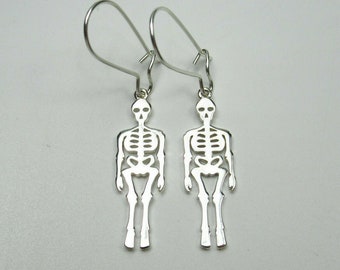 Skeleton Earrings - 925 Sterling Silver - Dangle Drop Hooks - Halloween Jewelry Goth Biker Chic Spooky Scary Skeletal Human Bones Body