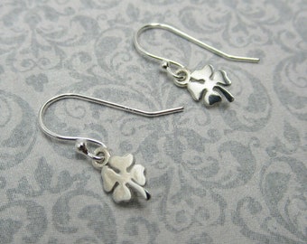 Tiny Four Leaf Clover Hook Earrings - 925 Sterling Silver - Lucky Shamrock - St. Patricks Day - Irish - Minimalist Simple