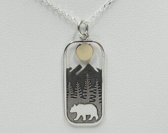 Bear in the Mountains & Forest with Sun Pendant - 925 Sterling Silver - Landscape Necklace Hiking Camping Smoky Mountains Outdoors Mama Bear