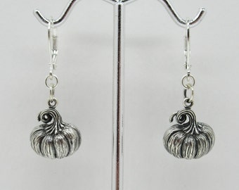 Pumpkin Earrings - Traditional Halloween Leverbacks - 3D Jack O'Lantern Trick or Treat Simple - 925 Sterling Silver