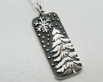 Snowy Tree & Snowflake Pendant - Winter Snow Scene Necklace - 925 Sterling Silver