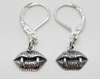 Tiny Vampire Lips with Fangs Earrings - 925 Sterling Silver - Biker Chic Goth Gothic Halloween Spooky Creepy Scary - Dracula Leverbacks
