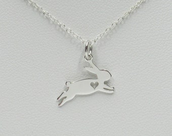 Leaping Rabbit Pendant Necklace with Heart Cutout - 925 Sterling Silver - Easter Bunny - Easter Gift for Girl or Woman - Baby Shower Gift