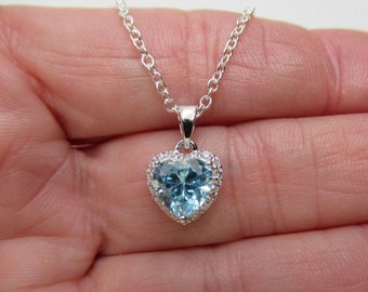 Blue Aquamarine CZ Heart Pendant - 925 Sterling Silver - 1.6ct 15 Clear CZ - March Birthstone Necklace - Valentines Day or Birthday Gift