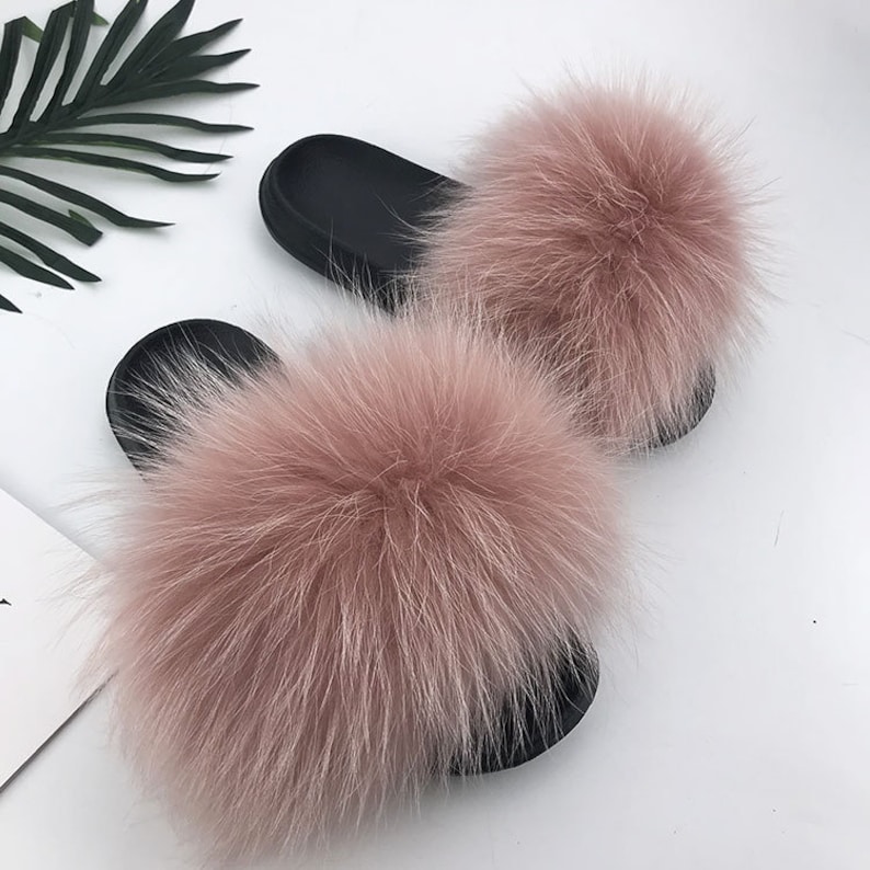 Real Long Raccoon Fur Slides Women Girls Fluffy Pom Pom - Etsy