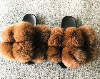 Large Fur Real Natural Fox Fur Slides Fluffy Fur Slides Sandals Slippers Fashion Women Shoes