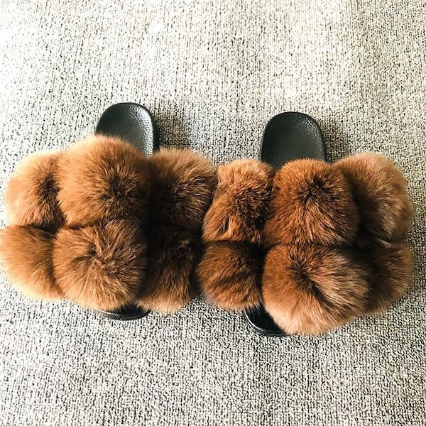 Large Fur Real Natural Fox Fur Slides Fluffy Fur Slides Sandals Slippers Fashion Women Shoes