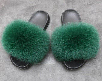 Real Fox Fur Slides Women Puffy Candy Color Fur Slippers Sandal Shoes