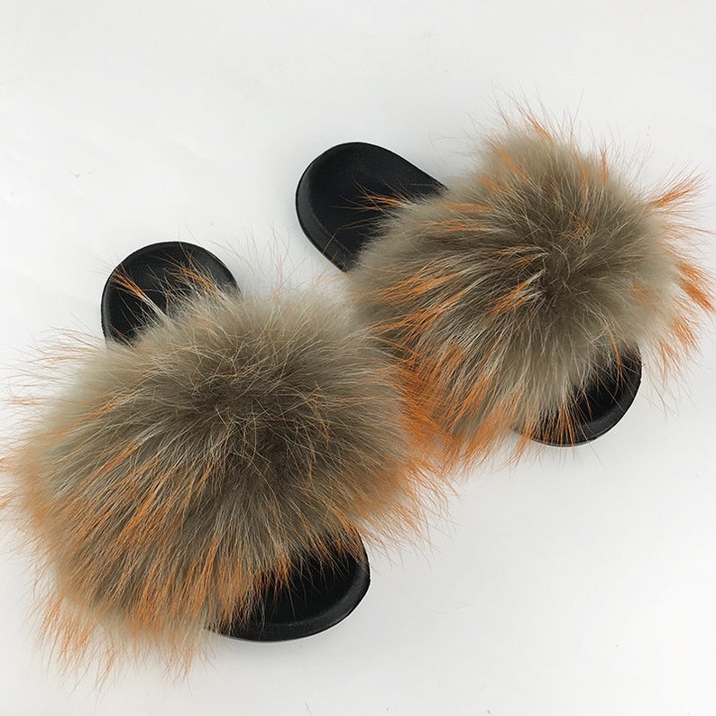 Women Long Raccoon Fur Slides With Color Hair Tip Real Fur - Etsy