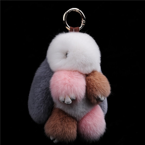 Fur Keychain Pom Bag Charm 14cm Real Rabbit Fur Furry Rabbit Flurry Pompom Handbag Charm Car Decoration Accessory Keyring Keychain