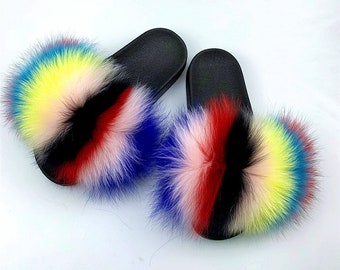 New Fashion Large Fur Real Natural Fox Fur Slides Fluffy Fur Slides Sandals Slippers Fashion Women Shoes