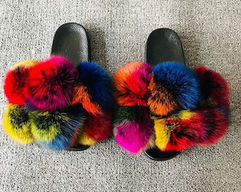 Large Fur Real Natural Fox Fur Slides Colorful Fluffy Fur Slides Sandals Slippers Fashion Women Shoes